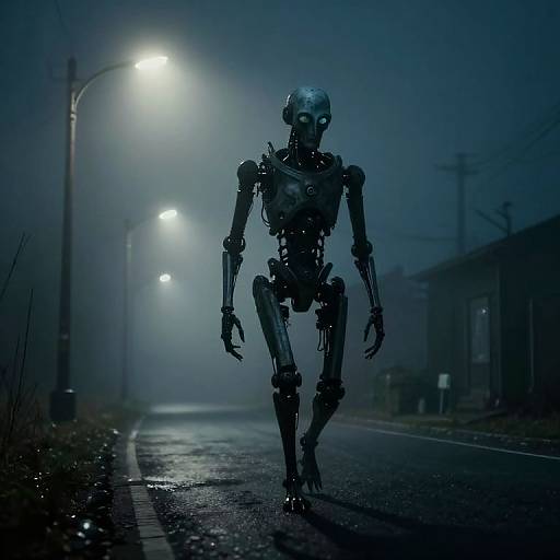 Photograph-style digital art of a dark, eerie, skeletal humanoid figure walking down a foggy, dimly-lit, deserted street at night.