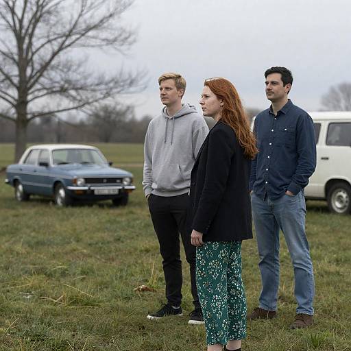 Three People in Grassy Field Scene