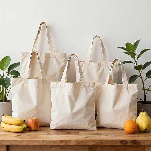 Photograph of five white canvas tote bags with long handles, arranged on a wooden table, surrounded by bananas, apples, and pears, with green
