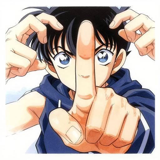 Anime-style digital drawing of a black-haired boy with blue eyes, pointing forward with his index finger, hands framing his face, wearing a dark blue hoodie