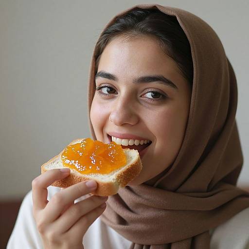 Woman Enjoying Apricot Jam Bread