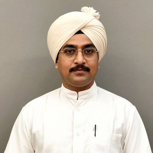 Photograph of a South Asian man with a white turban, glasses, mustache, and white traditional shirt, against a plain gray background.