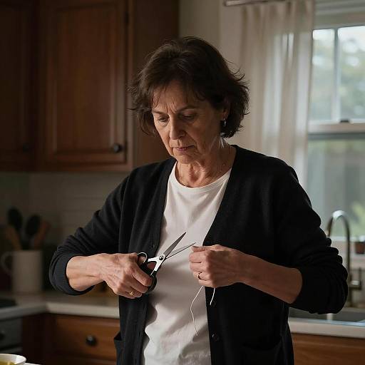 Focused Woman in Dark Kitchen Setting