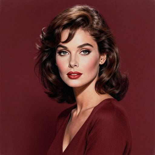 Digital portrait of a beautiful woman with short, wavy brown hair, blue eyes, and red lipstick, wearing a deep burgundy top, against a