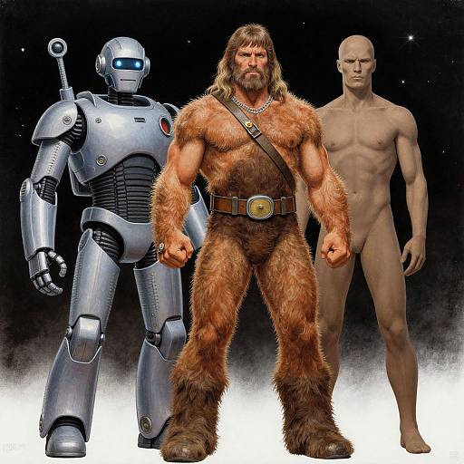 Digital artwork of Han Solo in furry brown outfit, a silver robot, and a bald, nude man standing against a starry background.
