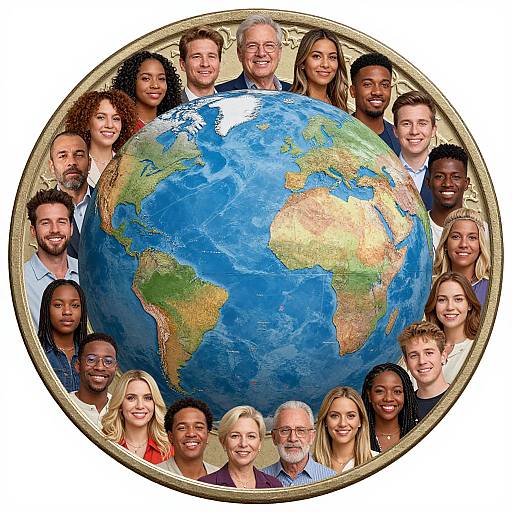Photograph of diverse, smiling group of 16 people surrounding a textured, blue and green Earth globe in a circular frame.