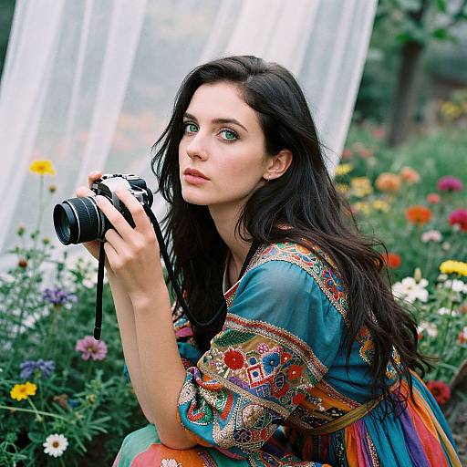 Photograph of a fair-skinned woman with long dark hair, wearing colorful, embroidered top, holding a camera, kneeling in a vibrant flower garden.
