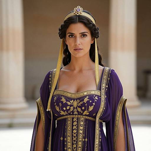 Photograph of a woman with dark hair, wearing an ornate purple and gold ancient Greek-style dress, gold headpiece, and serious expression, standing