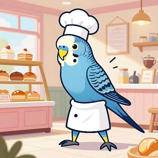 Blue Parakeet Pastry Chef Illustration