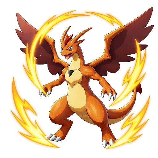 Digital drawing of a muscular, orange Charizard with black wings, fiery orange ring surrounding it, standing confidently with claws out.