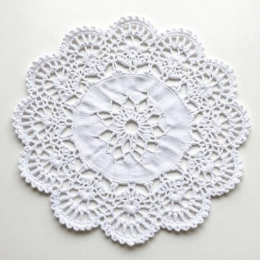 Photograph of a delicate, white, intricately-patterned lace doily with symmetrical floral motifs, casting subtle shadows on a plain white background.