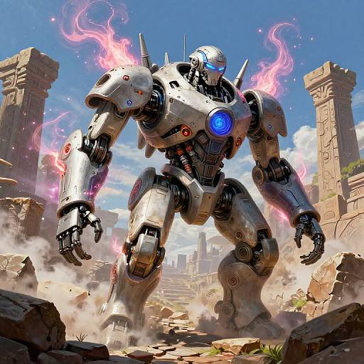 Digital artwork of a glowing, silver mech with blue core, surrounded by pink energy, standing in a ruined, ancient temple.