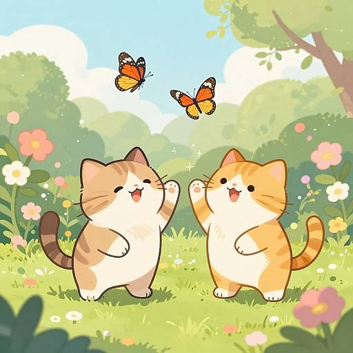 Adorable cartoon kittens with orange and white fur, joyfully watching two butterflies in a sunny, flower-filled meadow. Bright, colorful, and cheerful