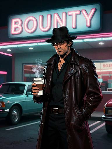 Mysterious Bounty Hunter with Coffee in Diner Parking Lot