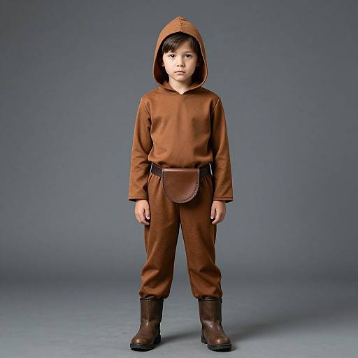 Photograph of a young boy with medium skin tone, wearing a brown hooded medieval outfit, brown belt with pouch, and black boots, standing against