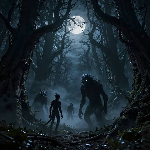 Digital artwork of a dark, eerie forest at night, moonlit, with silhouetted werewolf-like creatures with glowing eyes, surrounded by mist