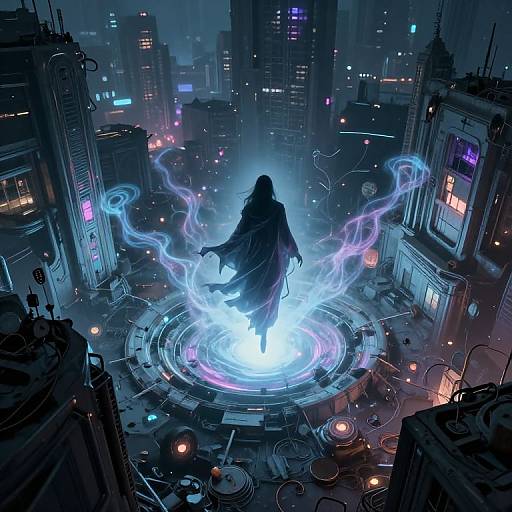 Digital art of a hooded figure casting magic in a neon-lit, futuristic cityscape. Blue and purple energy swirls around them, illuminating