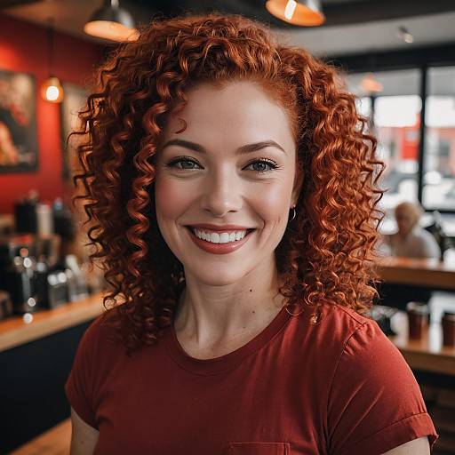 Smiling woman with curly red hair in coffee shop