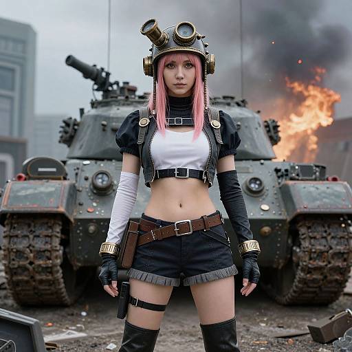 Digital art of pink-haired girl in steampunk military outfit with goggles, white crop top, black shorts, standing in front of burning tank.