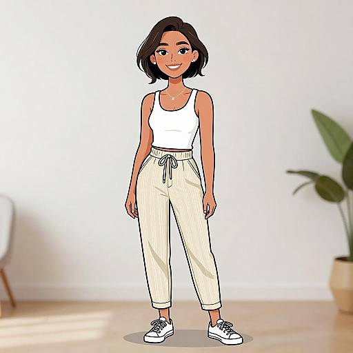 Digital illustration of a smiling, brown-skinned woman with shoulder-length black hair, wearing a white tank top, cream pants, and white sneakers, standing