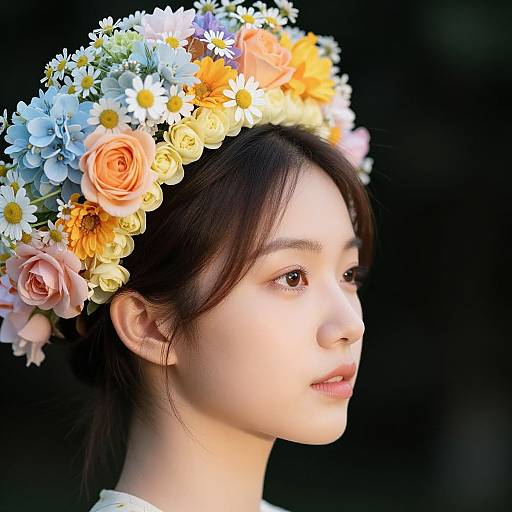 Photograph of an Asian woman with fair skin, dark hair, and a floral crown of roses, daisies, and chrysanthemums