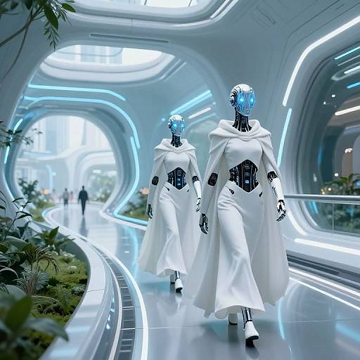 Regal Humanoid Robots in Futuristic Corridor