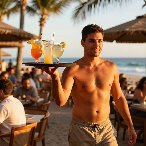 Shirtless Waiter Serving Cocktails Beachside