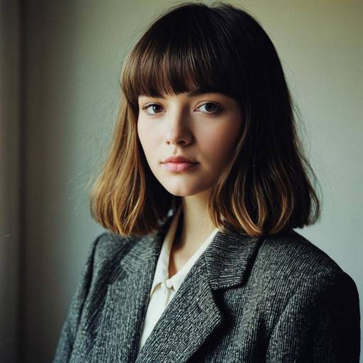 Young woman with textured bangs and vintage blazer