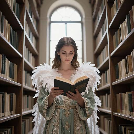 Photograph of a young woman with fair skin, brown hair, and white feathered shoulders, reading a book in a library aisle.