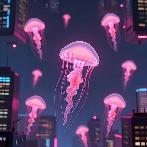 Photorealistic CGI of glowing pink jellyfish floating in a neon-lit cityscape with tall buildings, creating a surreal, futuristic scene.