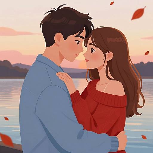 Digital anime-style drawing of a couple sharing a tender kiss by a serene lake at sunset. He wears a blue sweater; she wears a red off-