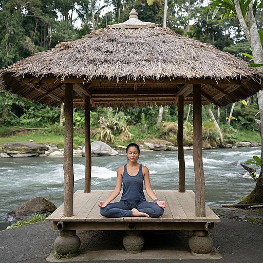 Photograph of a woman in a navy blue yoga outfit, sitting cross-legged under a thatched-roof wooden gazebo by a flowing river in a