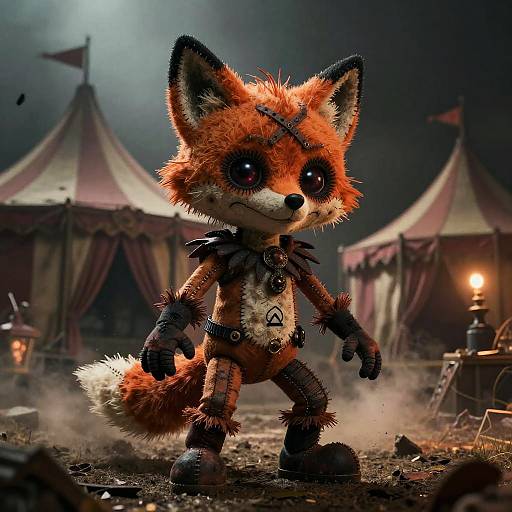 Photograph-style digital art of a creepy, stitched fox puppet with glowing eyes, wearing leather straps, standing in a dark circus tent camp at night with