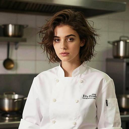 Photograph of a young woman with wavy dark brown hair, wearing a white chef's coat labeled 