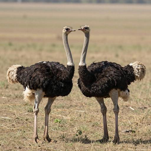 Ostriches in Sunlit Grassy Field