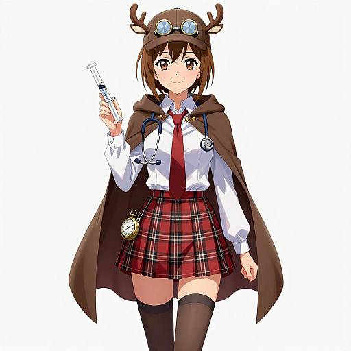 Anime-style digital drawing of a girl in a reindeer hat, white shirt, red tie, plaid skirt, brown cape, and thigh-high socks