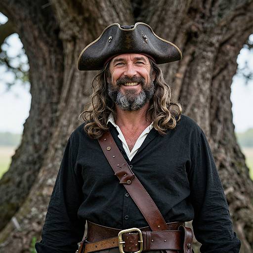 Photograph of a smiling, middle-aged man with long brown hair and beard, wearing a black pirate hat, black shirt, and brown leather belt,