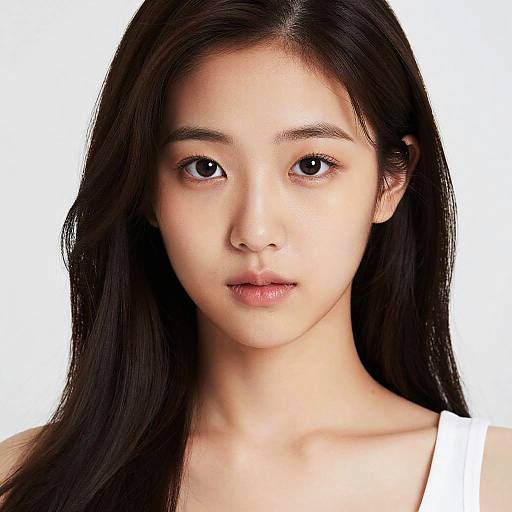 Photograph of an East Asian woman with long, straight black hair, fair skin, and large dark eyes, gazing directly at the camera against a