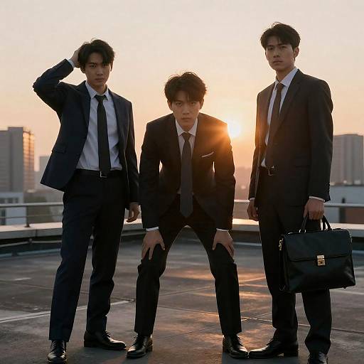Three Suited Men at Sunset Rooftop