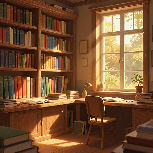 Cozy Library in Golden-Hour Light