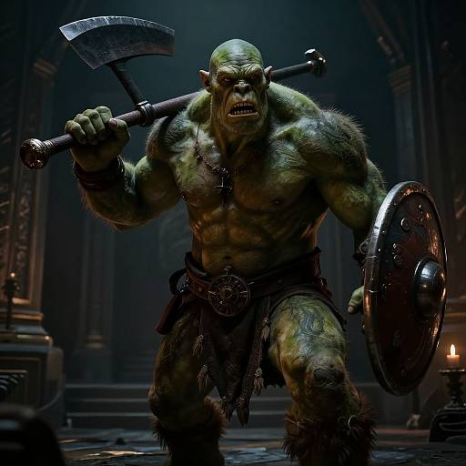 CGI image of a muscular, green-skinned orc warrior with fur clothing, wielding an axe and shield, in a dark, medieval-style dungeon.