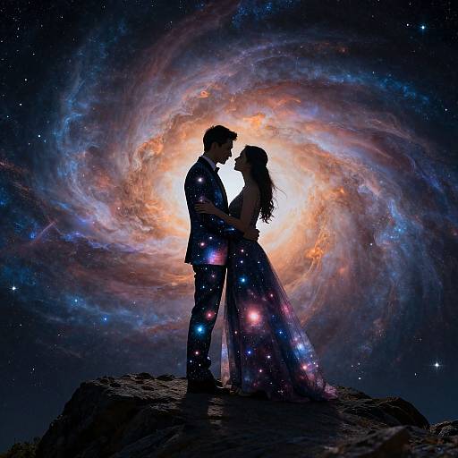 Silhouetted couple in cosmic wedding attire, standing on rocky outcrop, gazing into each other's eyes against vibrant, swirling galaxy background.