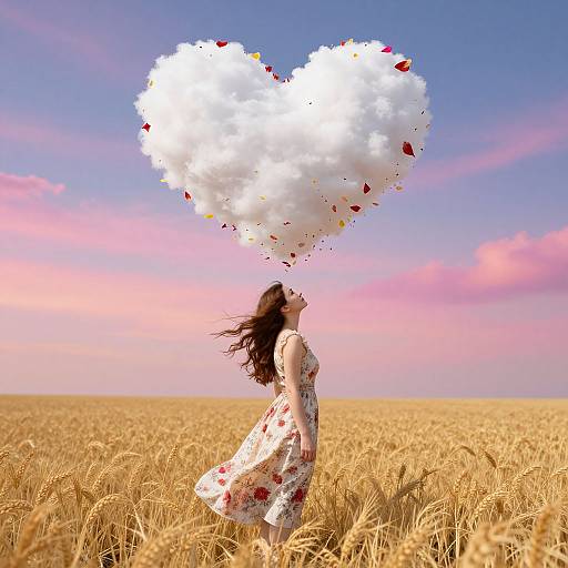 Woman in floral dress stands in golden wheat field, gazes up at heart-shaped cloud with red rose petals, under pink and blue sky. Photograph.