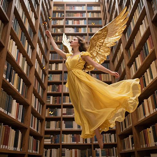 Photograph of a winged woman in a flowing yellow dress, mid-leap between towering bookshelves in a library, with small golden butterflies surrounding