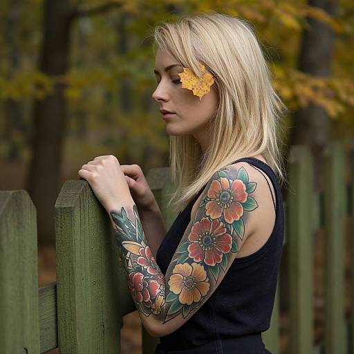 Photograph of a blonde woman with vibrant floral tattoos on her arms, wearing a black sleeveless top, leaning on a green wooden fence in an autumn