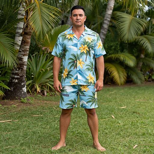 Photograph of a tan-skinned man with short black hair, wearing a light blue Hawaiian shirt and shorts with yellow hibiscus patterns, standing