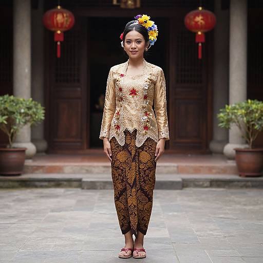 Photograph of an Asian woman with dark hair in a colorful flower headpiece, wearing a gold lace top and brown patterned pants, standing in front