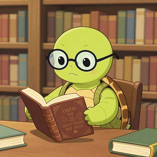 Turtle Librarian Reading an Ancient Book