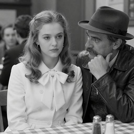 Black-and-White Portrait of Thoughtful Pair at Cafe