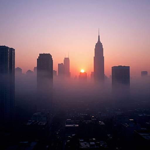 Photograph of a city skyline at sunrise, with silhouetted skyscrapers, a bright orange sun peeking through, and mist covering the